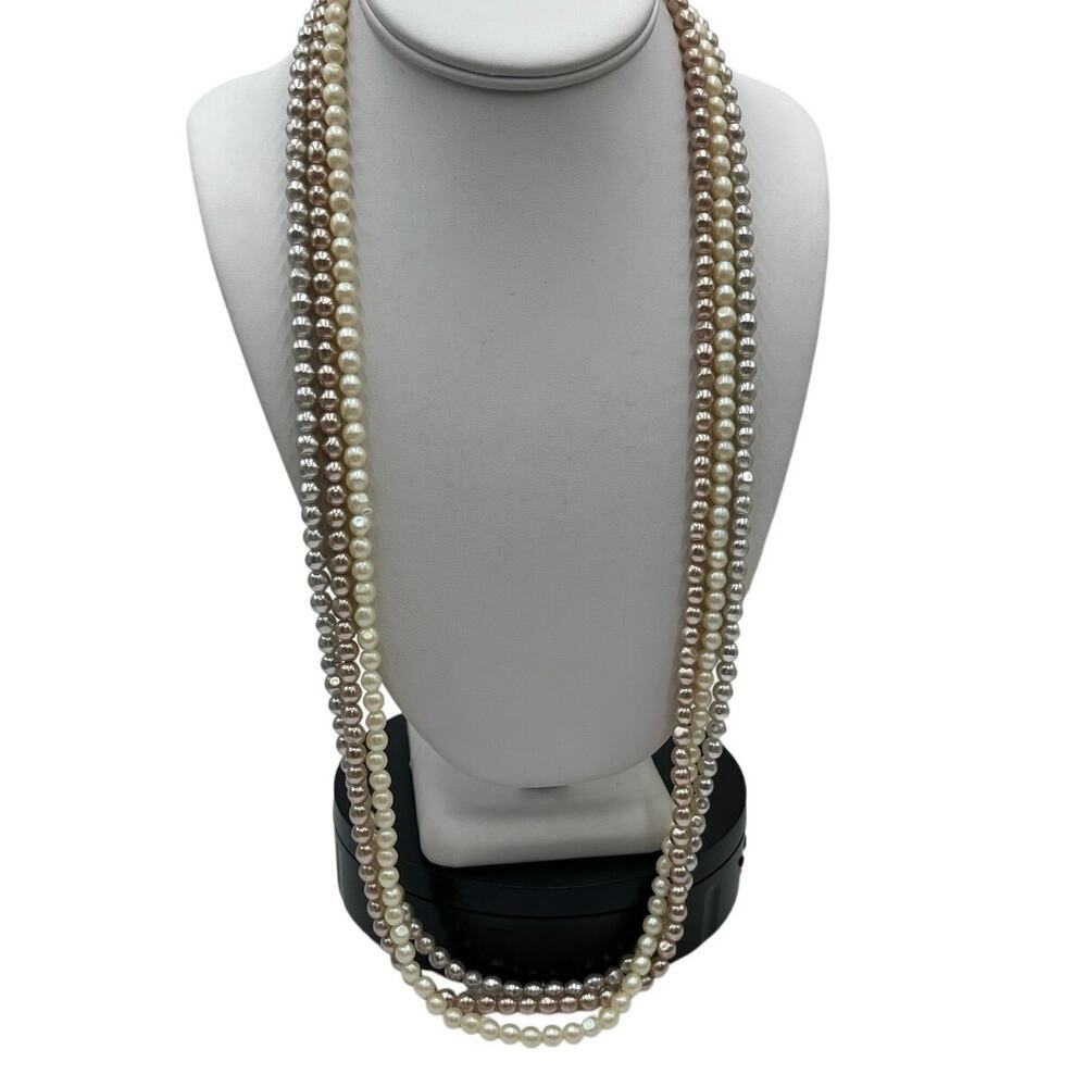 Napier Signed Vintage Triple Strand Faux Pearl 30” Cream Gray Champagne Necklace
